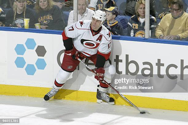 Rod Brind'Amour of the Carolina Hurricanes handles the puck during the game against the Buffalo Sabres at HSBC Arena on February 5, 2010 in Buffalo,...