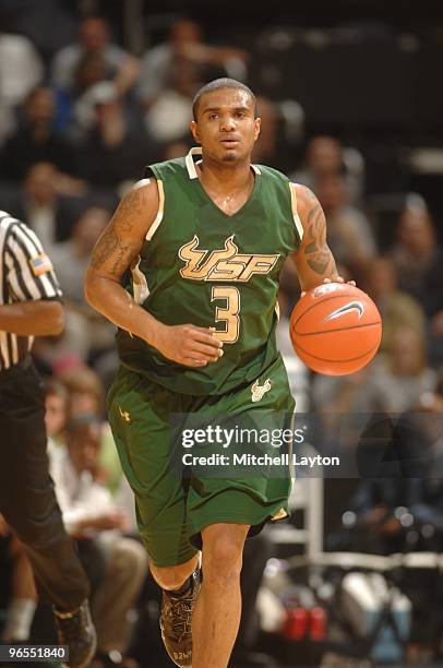 Chris Howard of the South Florida Bulls dribbles up court during a college basketball game against the Georgetown Hoyas on February 3, 2010 at the...