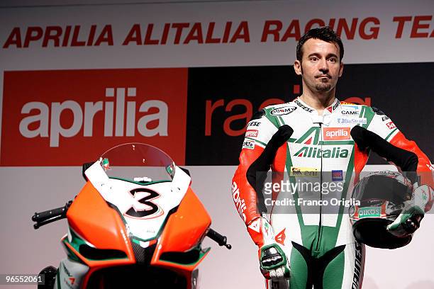 Max Biaggi of Italy attends the 2010 Aprilia Official Superbike Team at the Rome's Leonardo Da Vinci Aiport on February 9, 2010 in Rome, Italy.