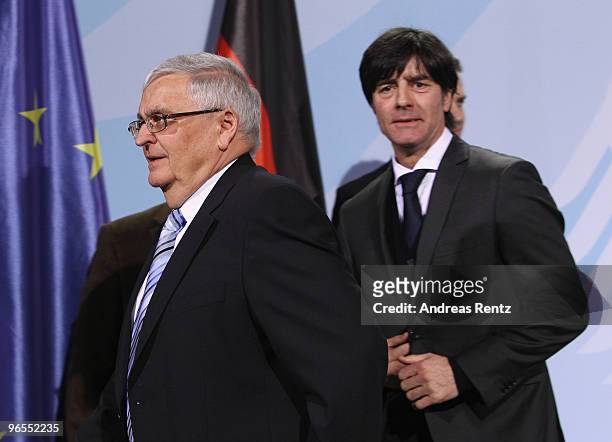 Head coach Joachim Loew of the German football national team and Theo Zwanziger , president of the German Football Association , walk at Chancellery...