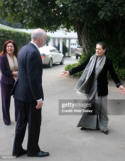 Greek Prime Minister George Papandreou meets Congress President Sonia Gandhi at her residence in New Delhi on February 5, 2010.