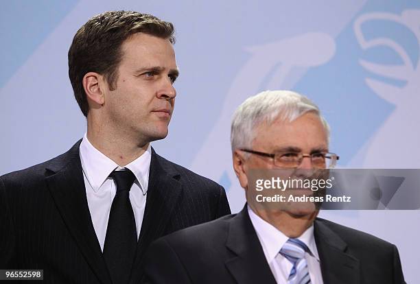 Oliver Bierhoff , team manager of the German football national team and Theo Zwanziger , president of the German Football Association look on at...