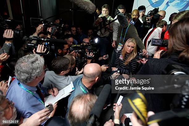 Lindsey Vonn of the USA Women's Alpine Skiing team speaks with the media after she announced she may not compete during the Vancouver 2010 Winter...