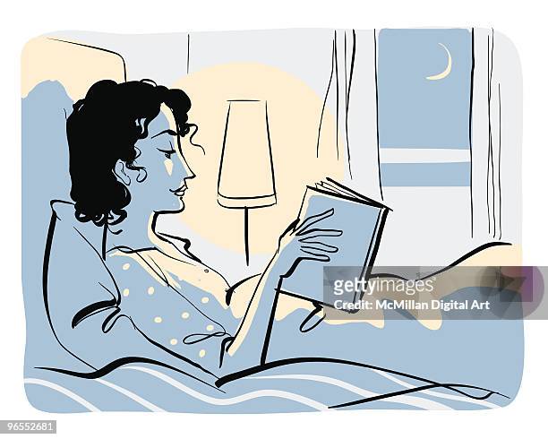ilustrações de stock, clip art, desenhos animados e ícones de woman reading book in bed - deitado de costas