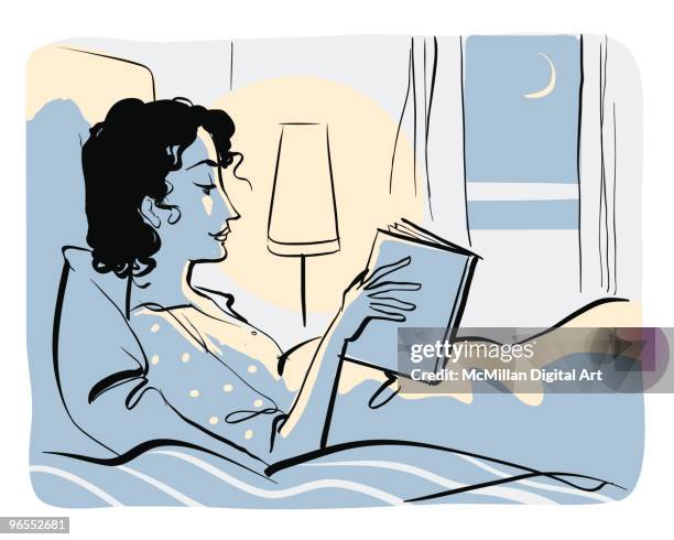 woman reading book in bed - person lying on back stock illustrations
