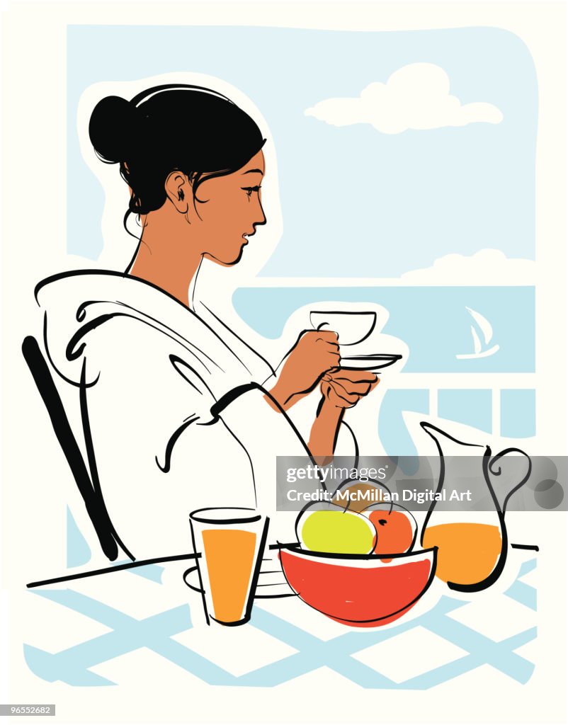 Woman having breakfast on deck
