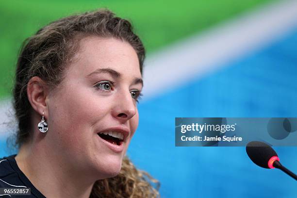 Stacey Cook speaks during United States Olympic Committee Alpine Skiing Press Conference ahead of the Vancouver 2010 Winter Olympics on February 10,...