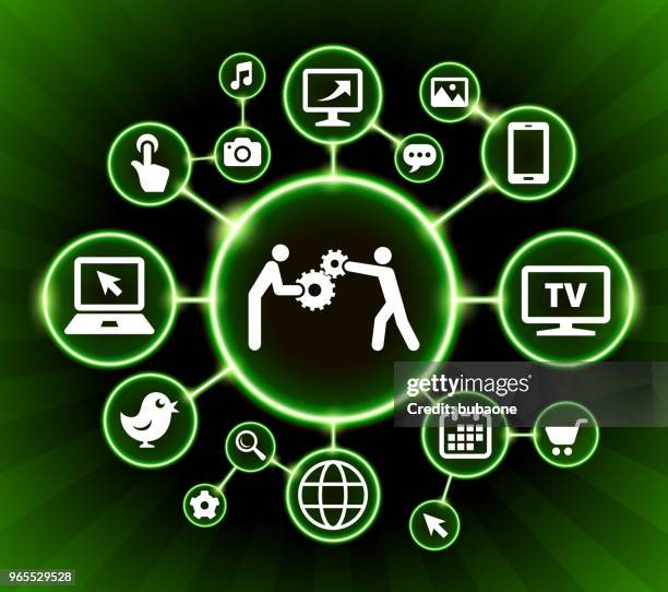 building gears internet communication technology dark buttons background - hands building together stock illustrations