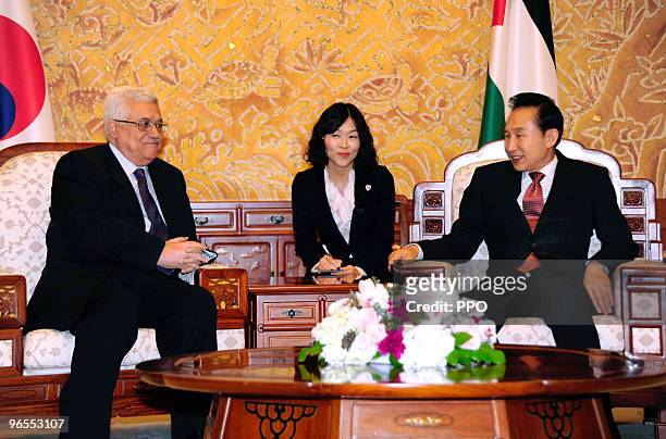 In this handout image supplied by the Palestinian Press Office , Palestinian President Mahmoud Abbas meets with South Korean President Lee Myung-Bak...