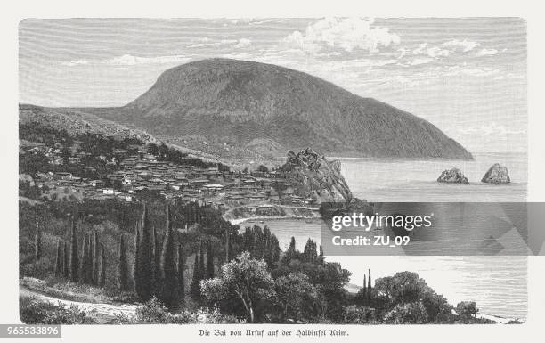 ilustrações de stock, clip art, desenhos animados e ícones de bay of gurzuf on crimea, russia, wood engraving, published 1897 - península