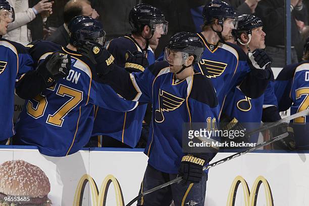 Andy McDonald of the St. Louis Blues celebrate a goal againt the Detroit Red Wings on February 9, 2010 at Scottrade Center in St. Louis, Missouri.