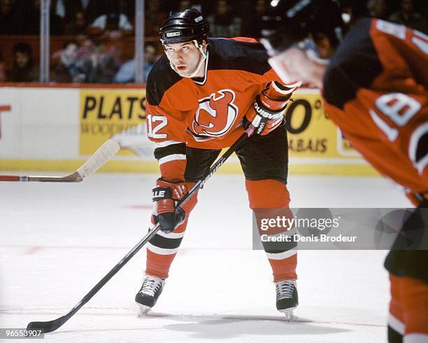 Bill Guerin of the New Jersey Devils skates against the Montreal Canadiens in the mid-1990's at the Montreal Forum in Montreal, Quebec, Canada.