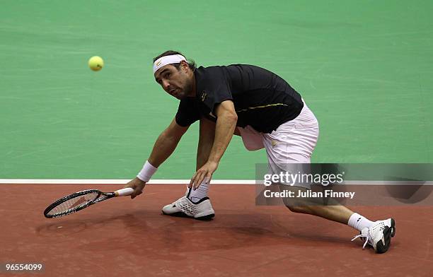 Marcos Baghdatis of Cyprus in action against James Blake of USA during day three of the ABN AMBRO World Tennis Tournament on February 10, 2010 in...