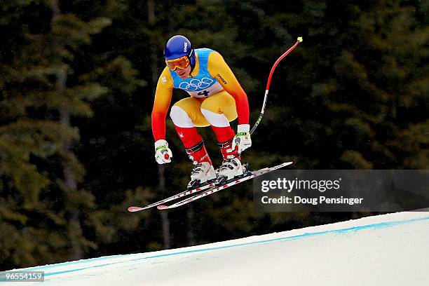 Erik Guay of Canada practices during the Men's Downhill skiing 1st training run ahead of the Vancouver 2010 Winter Olympics on February 10, 2010 in...