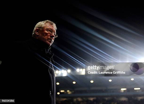 Sir Alex Ferguson of Manchester United walks out during the Barclays Premier League match between Aston Villa and Manchester United at Villa Park on...