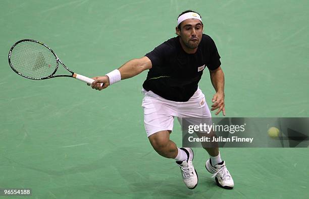 Marcos Baghdatis of Cyprus in action against James Blake of USA during day three of the ABN AMBRO World Tennis Tournament on February 10, 2010 in...