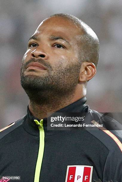 Alberto Rodriguez of Peru looks on prior the international friendly match between Peru and Scotland at Estadio Nacional de Lima on May 29, 2018 in...