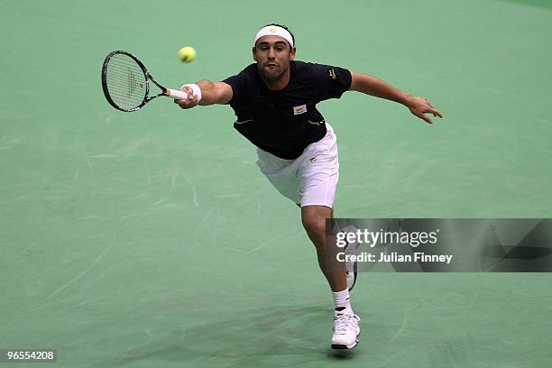 Marcos Baghdatis of Cyprus in action against James Blake of USA during day three of the ABN AMBRO World Tennis Tournament on February 10, 2010 in...