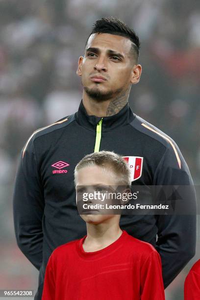 Miguel Trauco of Peru looks on prior the international friendly match between Peru and Scotland at Estadio Nacional de Lima on May 29, 2018 in Lima,...