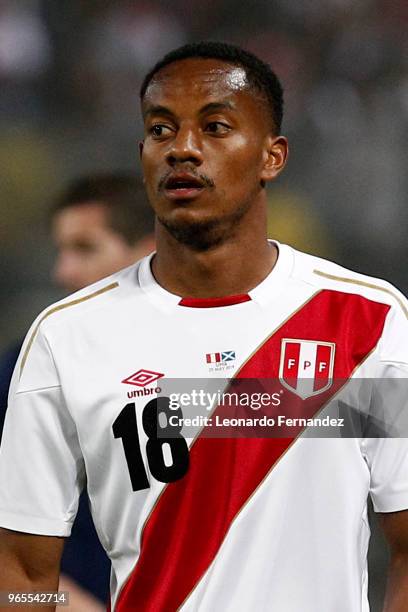 Andre Carrillo of Peru looks on during the international friendly match between Peru and Scotland at Estadio Nacional de Lima on May 29, 2018 in...