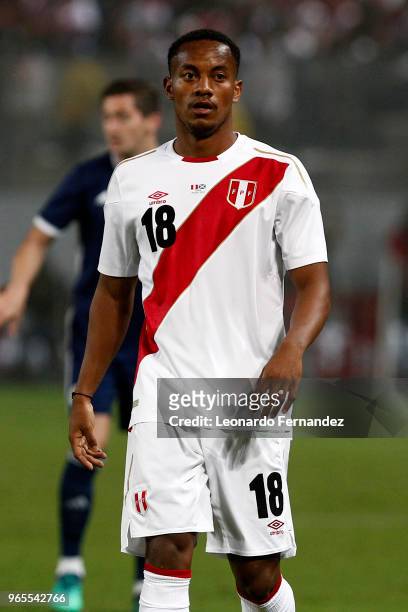 Andre Carrillo of Peru looks on during the international friendly match between Peru and Scotland at Estadio Nacional de Lima on May 29, 2018 in...