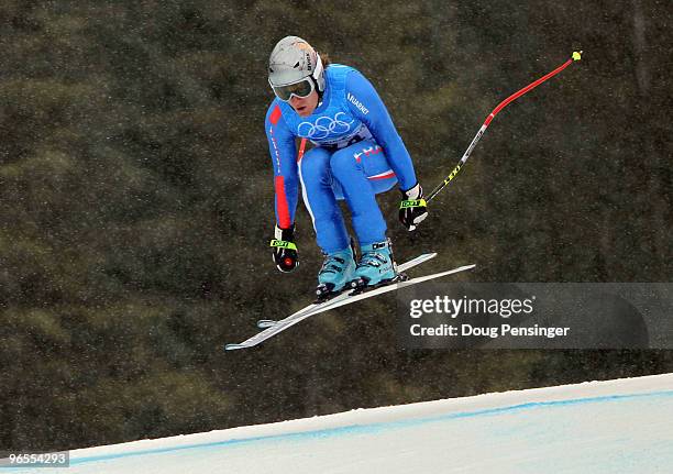 Julien Lizeroux of France practices during the Men's Downhill skiing 1st training run ahead of the Vancouver 2010 Winter Olympics on February 10,...