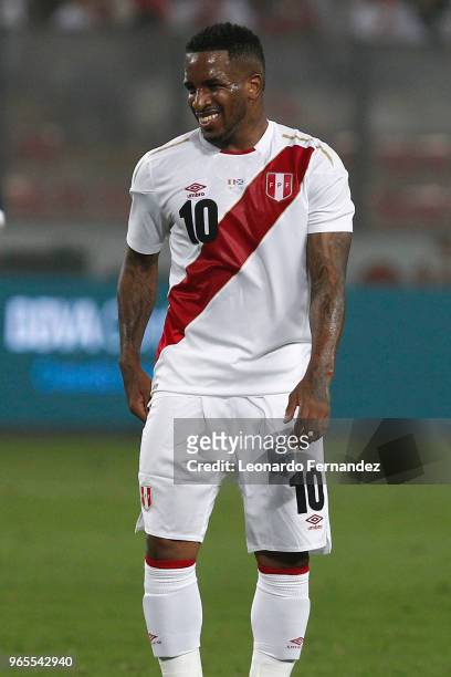 Jefferson Farfan of Peru gestures during the international friendly match between Peru and Scotland at Estadio Nacional de Lima on May 29, 2018 in...