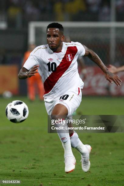 Jefferson Farfan of Peru runs for the ball during the international friendly match between Peru and Scotland at Estadio Nacional de Lima on May 29,...