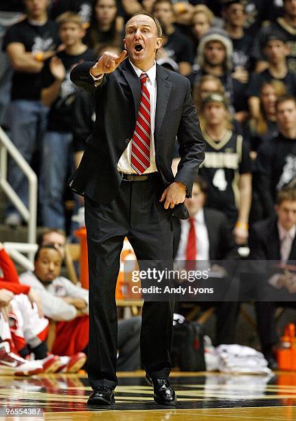 Thad Matta the Head Coach of the Ohio State Buckeyes gives instructions to his team during the Big Ten game against the Purdue Boilermakers at Mackey...