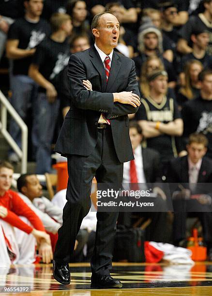 Thad Matta the Head Coach of the Ohio State Buckeyes gives instructions to his team during the Big Ten game against the Purdue Boilermakers at Mackey...