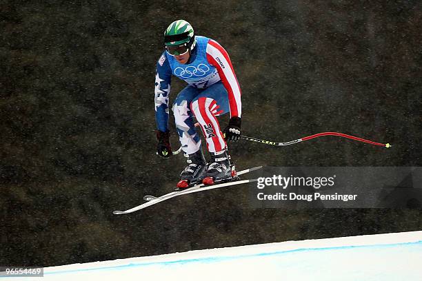Bode Miller of USA practices during the Men's Downhill skiing 1st training run ahead of the Vancouver 2010 Winter Olympics on February 10, 2010 in...