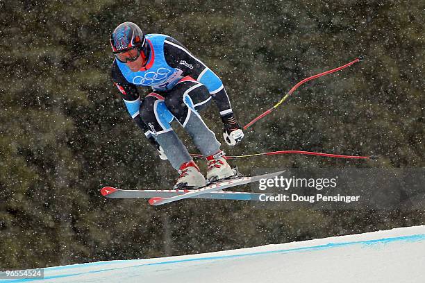 Aksel Lund Svindal of Norway practices during the Men's Downhill skiing 1st training run ahead of the Vancouver 2010 Winter Olympics on February 10,...