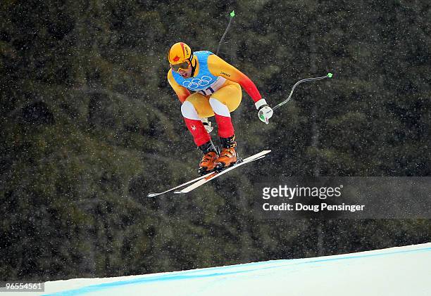 Manuel Osborne-Paradis of Canada practices during the Men's Downhill skiing 1st training run ahead of the Vancouver 2010 Winter Olympics on February...