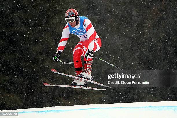 Carlo Janka of Switzerland practices during the Men's Downhill skiing 1st training run ahead of the Vancouver 2010 Winter Olympics on February 10,...