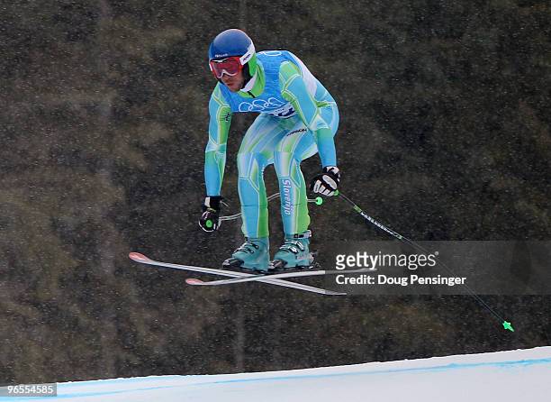 Andrej Jerman of Slovenia practices during the Men's Downhill skiing 1st training run ahead of the Vancouver 2010 Winter Olympics on February 10,...