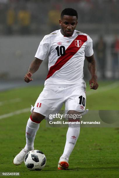 Jefferson Farfan of Peru drives the ball during the international friendly match between Peru and Scotland at Estadio Nacional de Lima on May 29,...