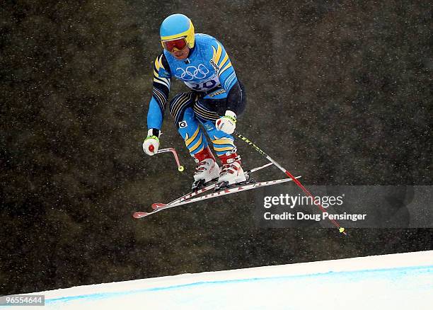 Patrik Jaerbyn of Sweden practices during the Men's Downhill skiing 1st training run ahead of the Vancouver 2010 Winter Olympics on February 10, 2010...