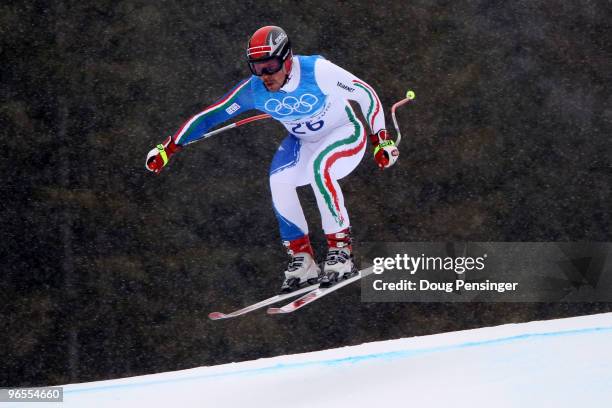 Peter Fill of Italy practices during the Men's Downhill skiing 1st training run ahead of the Vancouver 2010 Winter Olympics on February 10, 2010 in...