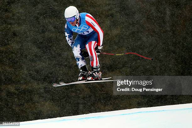 Marco Sullivan of USA practices during the Men's Downhill skiing 1st training run ahead of the Vancouver 2010 Winter Olympics on February 10, 2010 in...