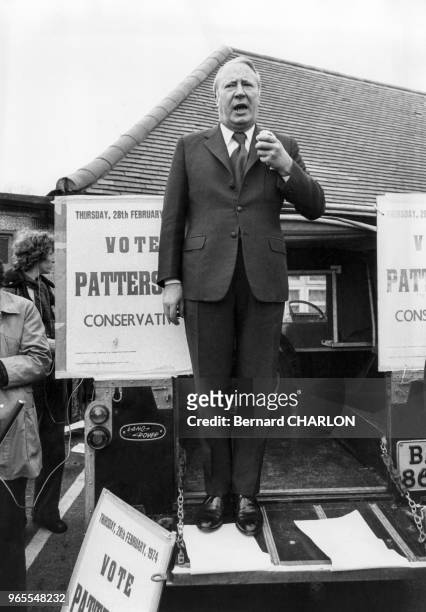 Le premier ministre Edward Heath lors de la campagne electorale de 74, le 19 février 1974, Royaume-Uni.
