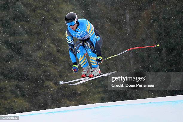 Hans Olsson of Sweden practices during the Men's Downhill skiing 1st training run ahead of the Vancouver 2010 Winter Olympics on February 10, 2010 in...