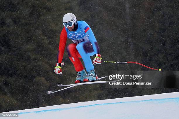 Marco Buechel of Liechtenstein practices during the Men's Downhill skiing 1st training run ahead of the Vancouver 2010 Winter Olympics on February...