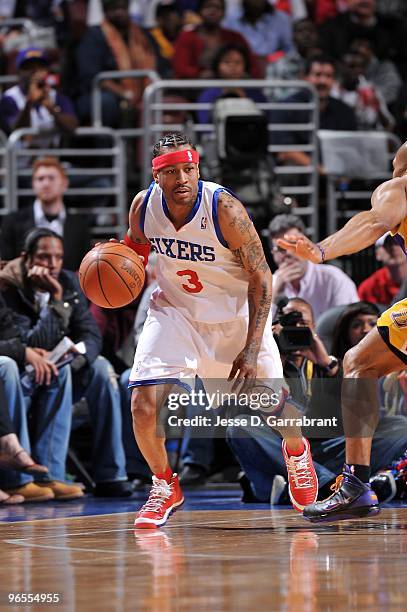 Allen Iverson of the Philadelphia 76ers handles the ball against the Los Angeles Lakers during the game on January 29, 2010 at Wachovia Center in...