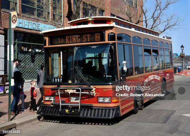 Trolley offers free rides up and down King Street in the Old Town section of Alexandria, Virginia.