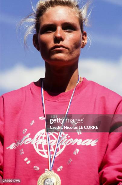 La sprinteuse allemande Katrin Krabbe au meeting de Dijon le 15 juin 1991, France.