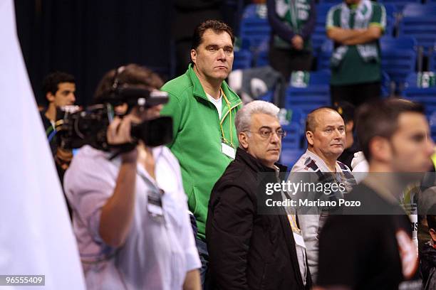 Arvydas Sabonis looks on during the Euroleague Basketball 2009-2010 Last 16 Game 3 between Unicaja vs Zalgiris Kaunas at Palacio de Deportes Martin...