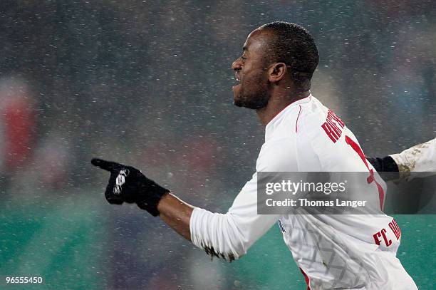 Nando Rafael of Augsburg celebrates his decisive 2-0 goal during the DFB Cup quarterfinal match between FC Augsburg and FC Koeln at the Impuls Arena...