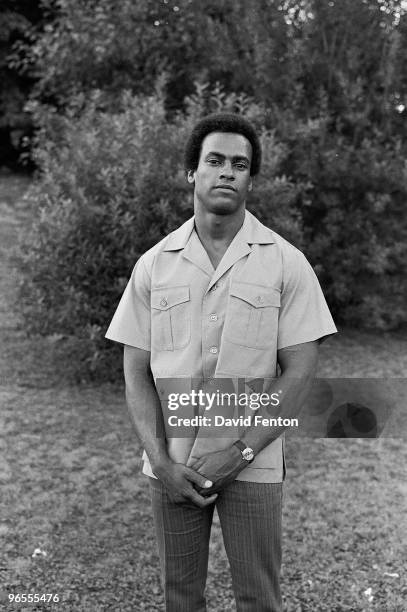 Black Panther Party co-founder Huey P. Newton stands for a portrait on the campus of Yale University, New Haven, Connecticut, probably April 1970.