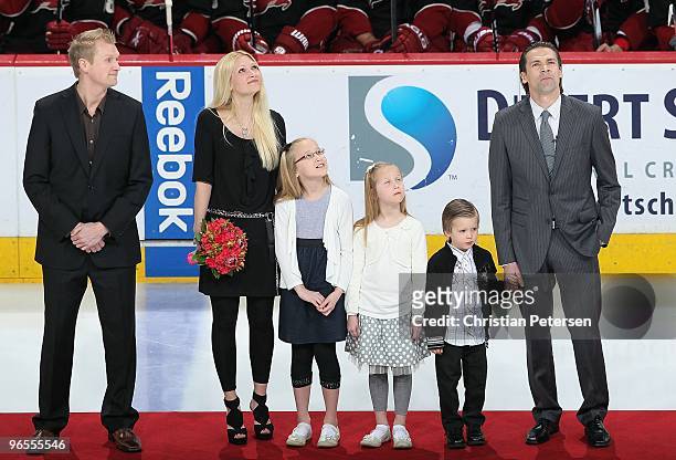 Teppo Numminen stands with his family; brother Teemu, wife Ann-Maarit, daughters Bianca and Erica, son Niklas, as Teppo is inducted into the Phoenix...