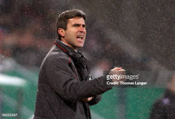 Head coach Zvonimir Soldo of Cologne reacts during the DFB Cup quarterfinal match between FC Augsburg and FC Koeln at the Impuls Arena on February...